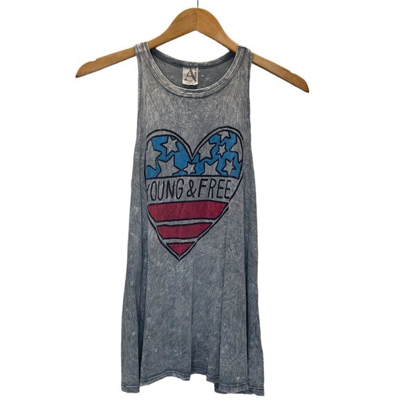 Young & Free Retro Graphic Tank Top Size XSmall Gray T-Shirt Racerback Summer - Picture 1 of 5